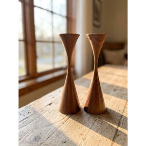 Vintage E.L. Reagan RARE Turned Wood Candlesticks MCM 1970s Gatlinburg, Tenn